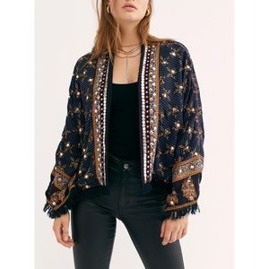 Free People Navy and Orange Embellished Jacket